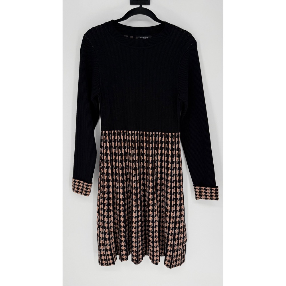 PAPILLON CREW NECK PLEATED SWEATER DRESS KNEE LENGTH NWT SIZE MEDIUM BLACK CAMEL